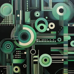Pintura geométrica complexa sobre fundo preto escuro, impressões de belas artes