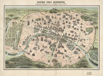 Edifícios seleccionados mostrados de forma pictórica. Vista de pássaros. Cópia LC montada sobre tecido. Disponível também através do sítio Web da Biblioteca do Congresso como imagem raster