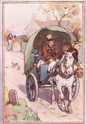 Enquanto se afastavam, a mãe dele correu para fora do portão, ilustração de David Copperfield, 1914