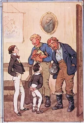 Peggotty pegou duas lagostas prodigiosas e um enorme caranguejo e uma grande sacola de camarões, ilustração de David Copperfield, 1914.