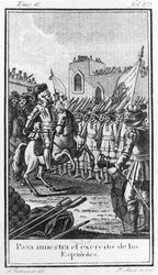 Hernando Cortes (1485-1547) Revendo suas tropas, gravadas por Antonio Rodriquez
