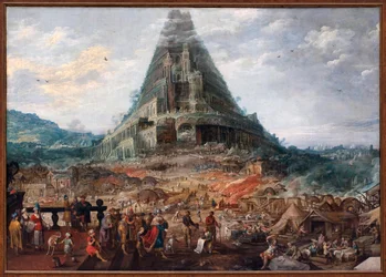 A Torre Babel. Pintura de Joos de Momper II (1564-1635), figuras atribuídas a Frans Francken II (1581-1642), óleo sobre madeira. Arte flamenga do século XVII. Museu Real de Belas Artes da Bélgica, Bruxelas.