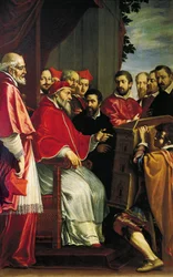 Michelangelo apresenta modelo de edifício da corte da Rota na rua Giulia ao Papa Júlio III