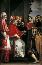 Michelangelo apresenta modelo de edifício da corte da Rota na rua Giulia ao Papa Júlio III