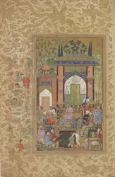 Babur recebe um cortesão, folio destacado de uma cópia dispersa de Baburnama (Tuzuk-i Baburi) por Zahir-al-Din Muhammad Babur, c.1580-85 (wc, tinta e ouro no papel)