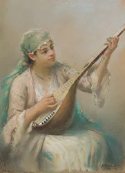 Mulher, tocando, alaúde