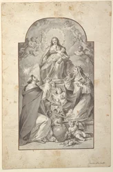 Projeto para uma pintura de altar, São Domingos e Santa Catarina de Sena recebendo o Rosário da Virgem com o Menino