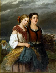 O regresso dos campos Dois jovens camponeses com espigas de trigo nos aventais ficam juntos. Pintura de Federica Giuliano Gervasoni (1838-1915) 1863 Sol. 135x105 cm Genes Nervi, Galleria d