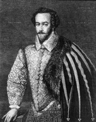Retrato de Sir Walter Raleigh (1554 - 1618), navegador, cortesão e escritor inglês. Gravura depois de uma pintura atribuída a Federico Zuccaro (ou Zuccari) (1549 - 1609) de 1588.