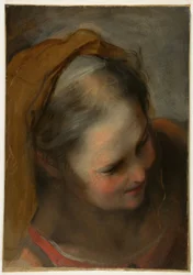 Cabeça de uma mulher idosa olhando para baixo à direita (Santa Isabel)