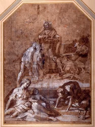 Alegoria religiosa, a reunião do Maná e a Instituição da Eucaristia (caneta, tinta e giz com lavagem, aumentada de branco sobre papel)