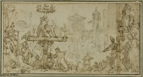 Um Papa Recebendo um Dignitário em um Lugar Público (reto) Caricaturas de Cabeças (verso)