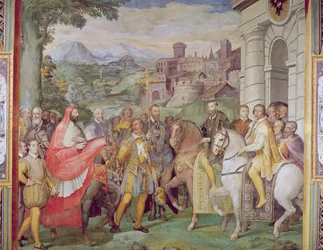 Charles V (1500-58) com Alessandro Farnese (1546-92) em Worms, da &39;Sala dei Fasti Farnese&39; (Salão dos Esplendores dos Farnese), 1557-66 (ver 95812)