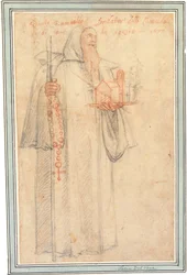 Fra Stefano, procurador dos camaldolitas em Vallombrosa, como São Romualdo, segurando um modelo de igreja e um rosário, 1577