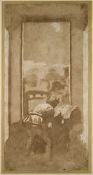 Homem de desenho pelo luar da janela de uma casa (caneta & tinta com lavagem no papel)