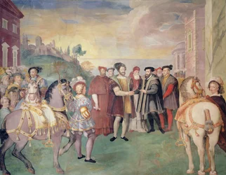 A trégua de Nice entre Francisco I e o imperador Carlos V em 1538, ao centro o papa Paulo III Farnese, eleito em 1534