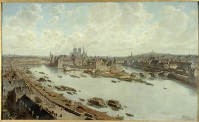 Vista panorâmica de Paris em 1588, a partir dos telhados do Louvre, com o Pont-Neuf em construção