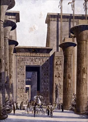 Reconstituição do Templo de Amon. Ilustração de F. Hoffebauer. Século XIX.