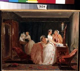A preparação do casamento. Uma jovem rapariga de classe média em vestido de noiva a preparar-se para a cerimónia de casamento. Trabalho de Feodor Andreyevich Bronnikov (1827-1902). Óleo sobre papel, 26 x 33 cm