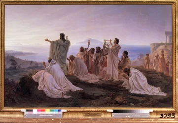 ""O Hino ao Sol Nascente de Pitágoras"" Cerimônia ritual na Grécia antiga inspirada nas teorias pitagóricas relacionadas à música e às estrelas. Pintura de Feodor Andreyevich Bronnikov (1827-1902) 1869 Galeria Estatal Tretyakov Moscou