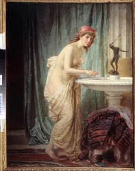Orientalismo "A casa de banho matinal" jovem mulher vestida apenas com um lençol refresca-se na fonte. Pintura de Feodor Andreyevich Bronnikov (1827-1902) Museu Estatal de Arte da República do Daguestão, Makhachkala, Rússia