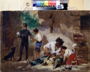 Toiletteurs de chiens a Naples (Itália) (Toiletteurs de chiens a Naples). Oeuvre de Feodor Andreyevich Bronnikov (1827-1902). Huile sur carton, 33 x 50 cm, art russe. Museu de Estudos Regionais, Chadrinsk (Russie).