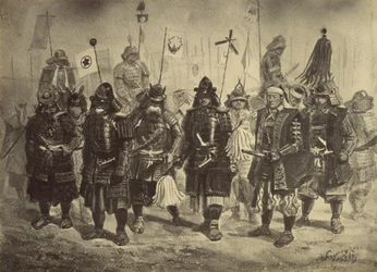 Cópia fotográfica de um desenho de guerreiros japoneses, de Charles Wirgman
