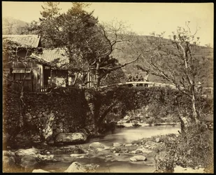 Casa de chá e ponte na estrada Tokaido
