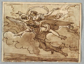 Uma mulher apoiada por um anjo voador
