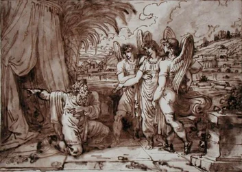 Abraão e os Anjos (caneta e tinta marrom, lavagem marrom sobre lápis sobre papel)