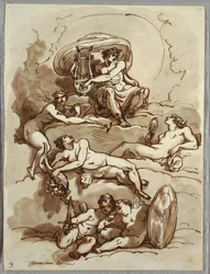 Apollo com Lyre, Fame, Abundance, Beauty and Two Putti on Clouds, Estudo após Marcantonio Franceschini