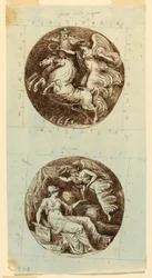 Desenho, Uma Vitória Alada Montada numa Carruagem; Uma Vitória Alada Coroando Minerva; duas rodelas, ca. 1805