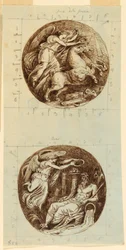 Desenho, Uma Vitória Alada Montada numa Carruagem; Uma Vitória Alada Coroando um Deus do Rio, Reno; duas rodelas, ca. 1805