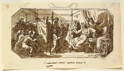 Desenho, Desenho do teto: O embaixador romano pede ao sabino Numa Pompilius para reinar sobre Roma, Sala di Numa Pompilio, Palazzo Milzetti, Faenza, 1802-05