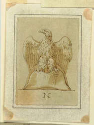 Desenho, Projeto: Águia exibida, com asas invertidas, de pé sobre um chapéu bicorne francês, ca. 1800