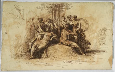 Desenho, Autorretrato de Felice Giani; reto:  Musas sentadas debaixo de uma árvore, finais do século XVIII-início do século XIX