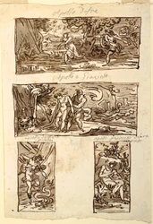 Quatro Desenhos do Mito de Apolo; Decoração de uma parede sobre uma cornija de lareira, Sala di Apollo, Palazzo Cavina, Faenza
