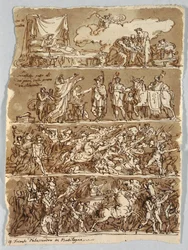 Página do Sketchbook: Nascimento de Alexandre, o Grande; Batalha de Alexandre e Dario; Triunfo de Alexandre
