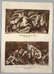 Página do Sketchbook: Morte de Flaminius na Batalha de Trasimeno; Annabelle perde um olho nos pântanos de Fiano, Toscana