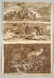 Página do caderno de esboços, Fólio 95: Três pinturas segundo Giulio Romano; Verso: Leão e Águia