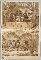Sketchbook Page, Folio 98: Two Paintings after Caravaggio and Raphael; Verso: Águia e Boi