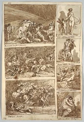 Página Sketchbook: Estudos após Pinturas em Ferrara, Roma, Bolonha, Mântua após Artistas Tibaldi, Raphael, Andrea del Sarto e Polidoro; Verso: Esqueleto de Pássaro e Cabeça de Cavalo