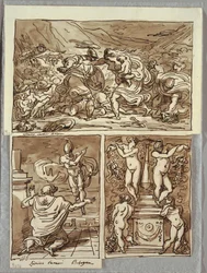 A batalha entre os romanos e os sabinos; Aparição de Rômulo a Próculo, Dois Estudos após os Carracci; Candelabro