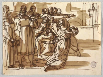 O Prelado e Portadores de Tamborete e Mulheres perto deles em "Expulsão de Heliodoro" após Raphael Sanzio