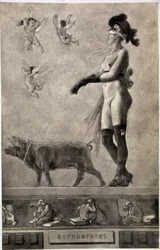 Pornokrates (Mulher nua, tiras de olhos, rodeada de anjos e segurando um porco numa trela) - desenho de Felicien Rops (1833-1898)