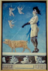 Pornokrates. Uma mulher nua de meias vendadas é puxada por um porco que segura numa trela - Pintura pornográfica de Felicien Rops (1833-1898) Ec Belg