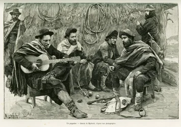 Um pagador, duelo em verso de cantores ambulantes. Gravura de Myrbach, para ilustrar a história Voyage a la Plata, em 1886, de Emile Daireaux, em le tour du monde 1888, dirigido por Edouard Charton (1807-1890), Hachette, Paris.