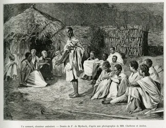 Um asmari, um cantor ambulante. Gravura de F.De Myrbach, após fotografia, para ilustrar a história Voyage au Choa (Abyssinie meridionale), em 1884-1888, de Henry Audon, em le tour du monde 1889, dirigido por Edouard Charton (1807-1890), Hachette, Paris.