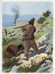 Robinson Crusoe mata os selvagens que perseguem na sexta-feira.
