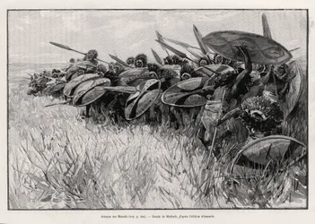 O ataque Massais. Gravado por Myrbach para ilustrar a história "Au secours d
